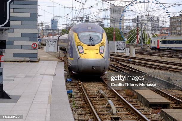 An Eurostar train is leaving the Brussels-South railway station to Amsterdam on August 7; 2019. Eurostar International Ltd is a Franco-British...
