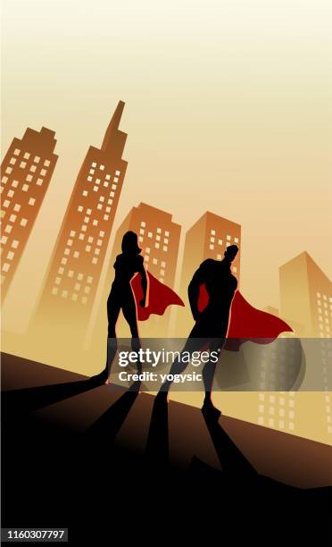 ilustrações, clipart, desenhos animados e ícones de silhueta dos pares do super-herói do vetor com skyline bakcground da cidade - vista inclinada