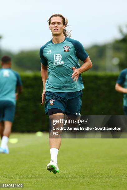 Jannik Vestergaard runs during a Southampton FC Training Session pictured at Staplewood Training Ground on August 08, 2019 in Southampton, England.