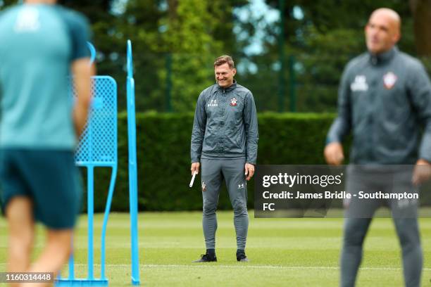 Ralph Hasenhuttl smiles during a Southampton FC Training Session pictured at Staplewood Training Ground on August 08, 2019 in Southampton, England.