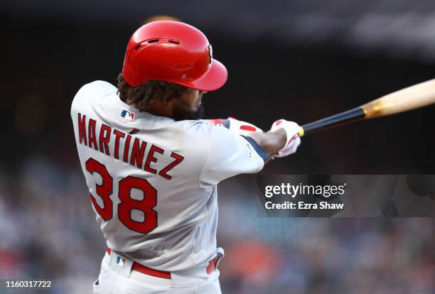 Jose Martinez of the St. Louis Cardinals hits a home run in the first inning against the San Francisco Giants at Oracle Park on July 05, 2019 in San...