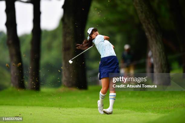 Yui Kawamoto of Japan hits her second shot on the 9th hole during the third round of the Shiseido Anessa Ladies Open at Totsuka Country Club on July...