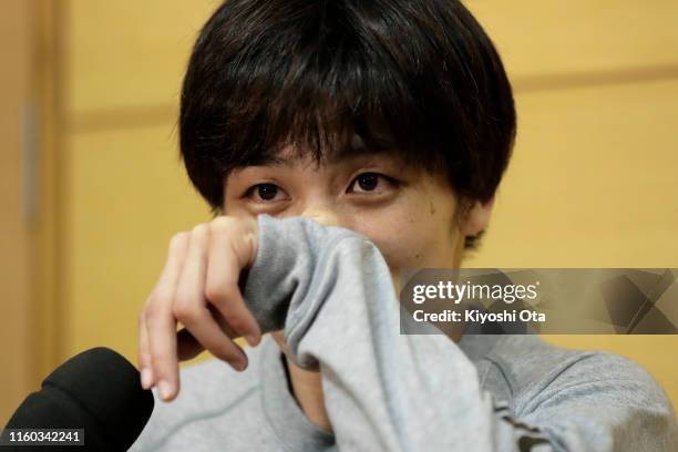 Kaori Icho reacts while being interviewed after losing the Women's 57kg play-off match against Risako Kawai during the Wrestling World Championships...