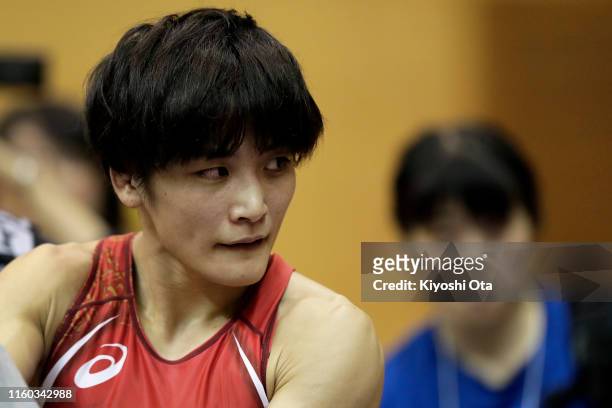 Kaori Icho reacts after losing the Women's 57kg play-off match against Risako Kawai during the Wrestling World Championships Japan Play-offs at Wako...
