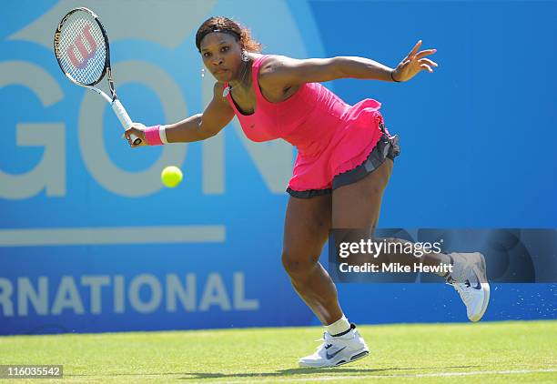 Serena Williams of USA plays a forehand in her match against Tsventana Pironkova of Bulgaria during day four of the AEGON International at Devonshire...