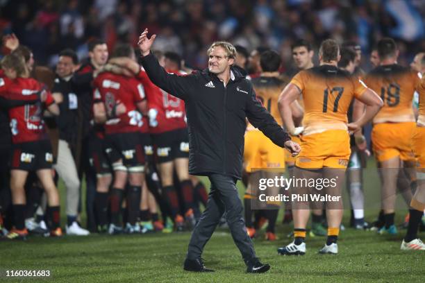 Crusaders coach Scott Robertson celebrates winning the Super Rugby Final between the Crusaders and the Jaguares at Orangetheory Stadium on July 06,...