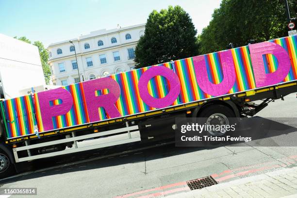 General view of a float ahead of the parade during Pride in London 2019 on July 06, 2019 in London, England.