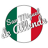 Round button Icon of national flag of Mexico with green, white and red colors and inscription of city name: San Miguel de Allende for logo, banner, t-shirt print. Vector illustration.