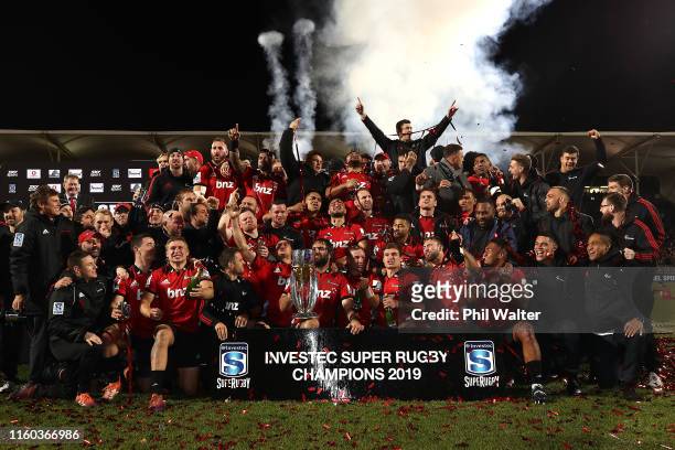 The Crusaders celebrate with the Super Rugby Trophy following the Super Rugby Final between the Crusaders and the Jaguares at Orangetheory Stadium on...