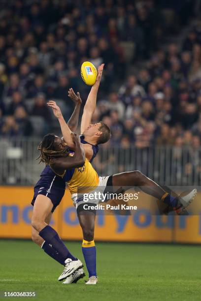 Aaron Sandilands of the Dockers and Nic Naitanui of the Eagles contest the ruck during the round 16 AFL match between the Fremantle Dockers and the...