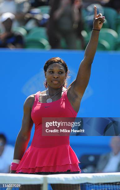 Serena Williams of USA celebrates victory after her match against Tsventana Pironkova of Bulgaria during day four of the AEGON International at...