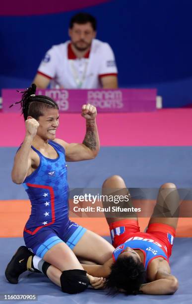 Betzabeth Arguello of Venezuela celebrates during the Free Style Wrestling 53 kg at Miguel Grau Coliseum of Villa Deportiva Regional del Callao on...