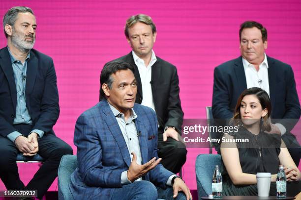 Jimmy Smits, Caitlin McGee, Michael Agular, Dean Georgaris and David Janollari of Bluff City Law speak during the NBC segment of the 2019 Summer TCA...