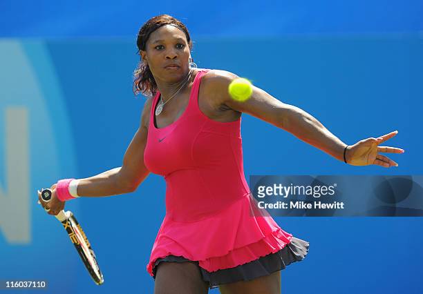 Serena Williams of USA plays a forehand in her match against Tsventana Pironkova of Bulgaria during day four of the AEGON International at Devonshire...