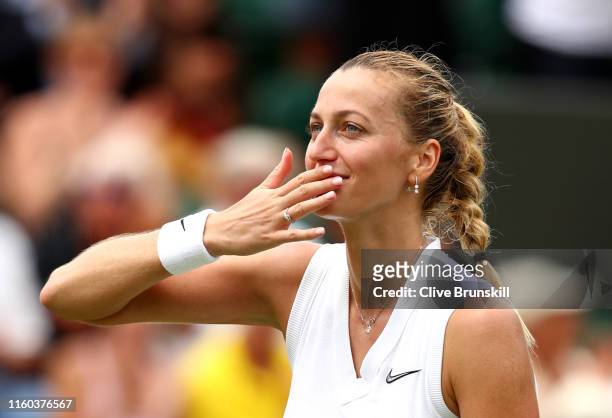Petra Kvitova of The Czech Republic celebrates victory in her Ladies' Singles third round match against Magda Linette of Poland during Day six of The...