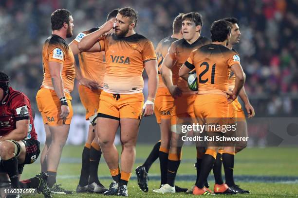 Mayco Vivas of the Jaguares and his team mates react during the Super Rugby Final between the Crusaders and the Jaguares at Orangetheory Stadium on...