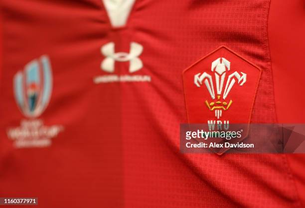 Detailed view of the new Rugby World Cup 2019 Wales shirt during the Wales training session held at the Vale Resort on July 06, 2019 in Cardiff,...