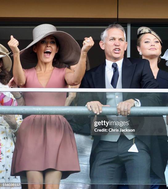 Danielle Bux and Gary Lineker watch horses cross the finish line on the opening day of Royal Ascot at Ascot Racecourse on June 14, 2011 in Ascot,...