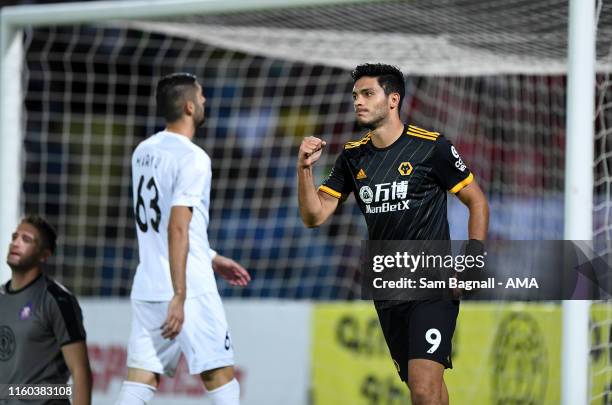 Raul Jimenez of Wolverhampton Wanderers celebrates after scoring a goal to make it 0-3 during the UEFA Europa League Third Qualifying Round First Leg...