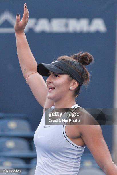 Bianca Andreescu of Canada celebrates after defeating Eugenie Bouchard of Canada following a first round match on Day 4 of the Rogers Cup at Aviva...