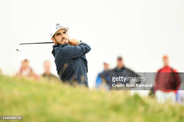 Abraham Ancer of Mexico plays his second shot on the third hole during Day Three of the Dubai Duty Free Irish Open at Lahinch Golf Club on July 06,...