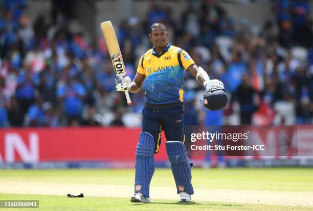 Angelo Matthews of Sri Lanka celebrates his century during the Group Stage match of the ICC Cricket World Cup 2019 between Sri Lanka and India at...