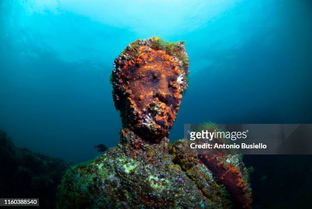 baiae, naples, campania, southern italy - may, 2018: submerged statue head - in rovina foto e immagini stock