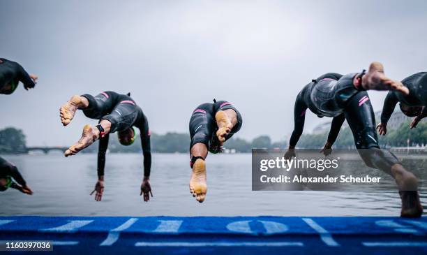 Athletes compete in the swim leg during the ITU World Triathlon Elite women sprint race on July 06, 2019 in Hamburg, Germany.