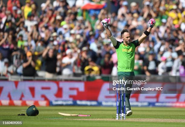 Faf Du Plessis of South Africa celebrates his century during the Group Stage match of the ICC Cricket World Cup 2019 between Australia and South...