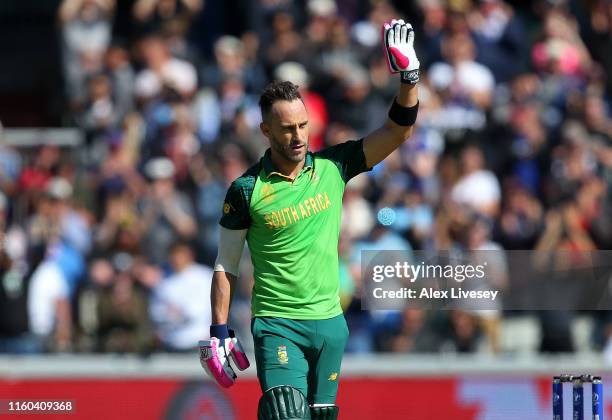 Faf Du Plessis of South Africa acknowledges the crowd after reaching 100 not out during the Group Stage match of the ICC Cricket World Cup 2019...