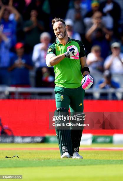 Faf du Plessis of South Africa celebrates his century during the Group Stage match of the ICC Cricket World Cup 2019 between Australia and South...