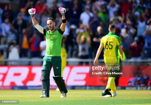 Faf du Plessis of South Africa celebrates his century during the Group Stage match of the ICC Cricket World Cup 2019 between Australia and South...