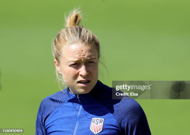 Emily Sonnett of the United States of the United States warms up during a training session at Gymnase Park des Sport on July 06, 2019 in Lyon, France.