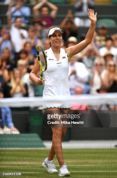 Johanna Konta of Great Britain celebrates victory in her Ladies' Singles third round match against Sloane Stephens of The United States during Day...