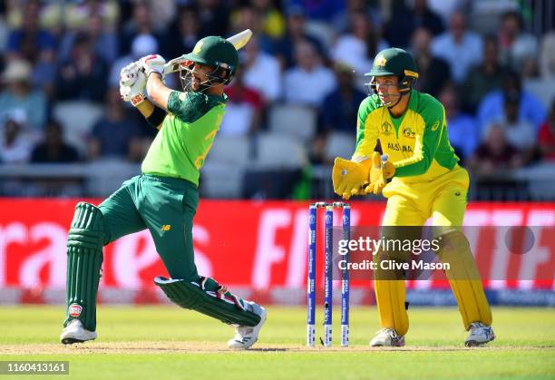 Duminy of South Africa in action batting as Alex Carey of Australia looks on during the Group Stage match of the ICC Cricket World Cup 2019 between...