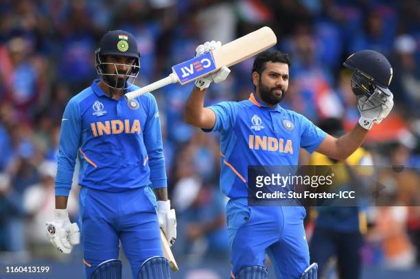 Rohit Sharma of India celebrates after scoring his century with KL Rahul of India during the Group Stage match of the ICC Cricket World Cup 2019...