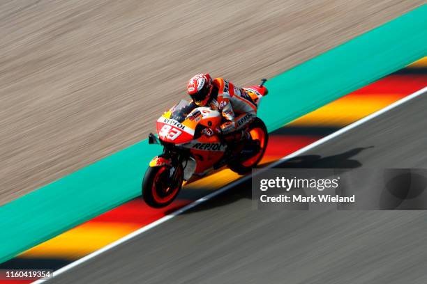 Marc Marquez of Spain and Repsol Honda Team in action during qualifying at Sachsenring Circuit on July 06, 2019 in Hohenstein-Ernstthal, Germany.