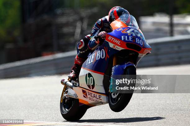 Augusto Fernandez of Spain and FlexiBox HP40 in action during qualifying at Sachsenring Circuit on July 06, 2019 in Hohenstein-Ernstthal, Germany.