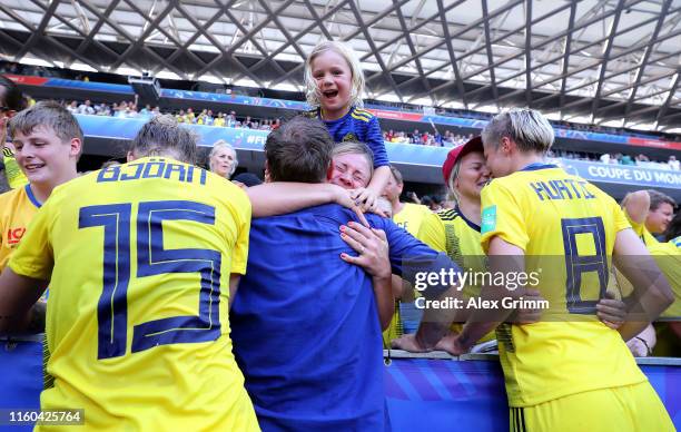 Peter Gerhardsson, Head Coach of Sweden celebrates with family and friends following his team's victory in the 2019 FIFA Women's World Cup France 3rd...