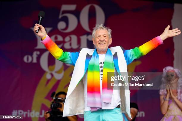 Sir Ian McKellen on stage during Pride in London 2019 at Trafalgar Square on July 06, 2019 in London, England.