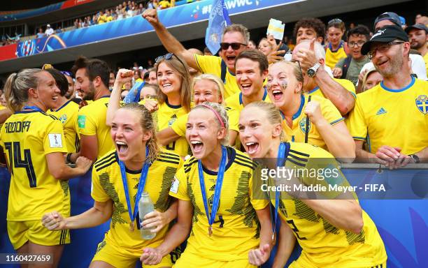 Sweden players celebrate following their sides victory in the 2019 FIFA Women's World Cup France 3rd Place Match match between England and Sweden at...