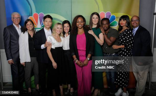 NBCUniversal Press Tour, August 2019 -- NBC's, "The Good Place" -- Pictured: Ted Danson; Lisa Katz, Co-President, NBC Entertainment; Manny Jacinto,...