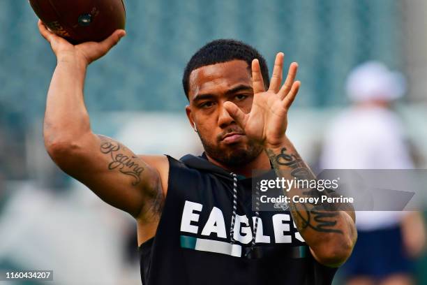 Donnel Pumphrey of the Philadelphia Eagles warms up before a preseason game against the Tennessee Titans at Lincoln Financial Field on August 8, 2019...