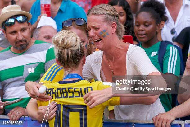 Sofia Jakobsson of Sweden celebrates with relatives and friends third place after the match during the 2019 FIFA Women's World Cup France 3rd Place...