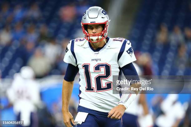Tom Brady of the New England Patriots warms up prior to the preseason game against Detroit Lions at Ford Field on August 8, 2019 in Detroit, Michigan.