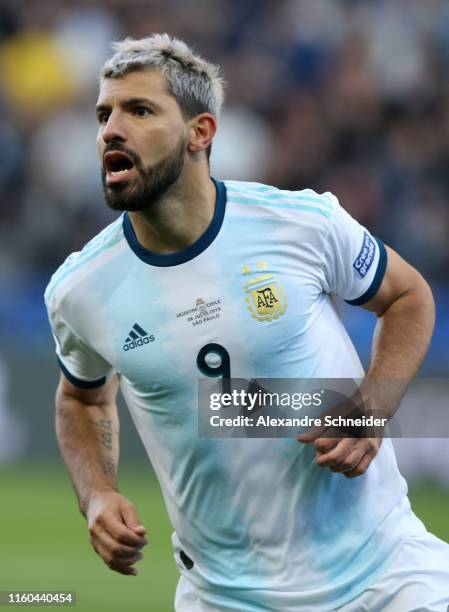 Sergio Aguero of Argentina celebrates after scoring the opening goal during the Copa America Brazil 2019 Third Place match between Argentina and...