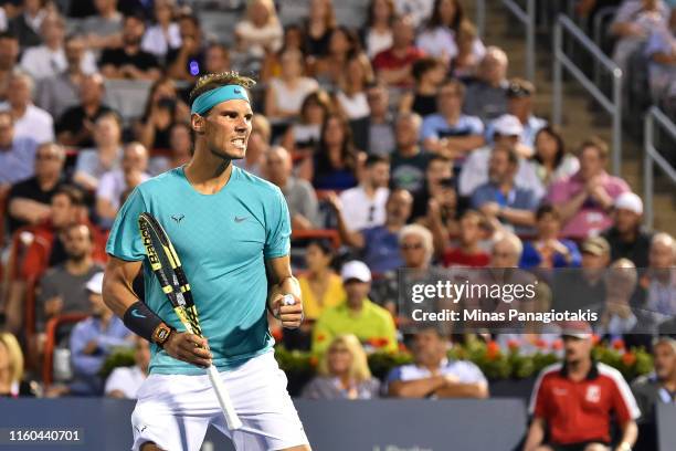 Rafael Nadal of Spain celebrates as he defeats Guido Pella of Argentina 6-3, 6-4 during day 7 of the Rogers Cup at IGA Stadium on August 8, 2019 in...
