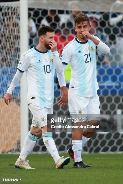 Paulo Dybala of Argentina celebrates after scoring the second goal of his team with teammate Lionel Messi during the Copa America Brazil 2019 Third...