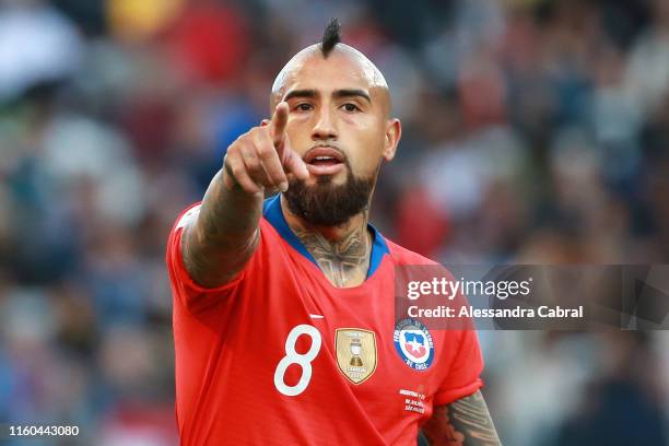 Arturo Vidal of Chile reacts during the Copa America Brazil 2019 Third Place match between Argentina and Chile at Arena Corinthians on July 06, 2019...