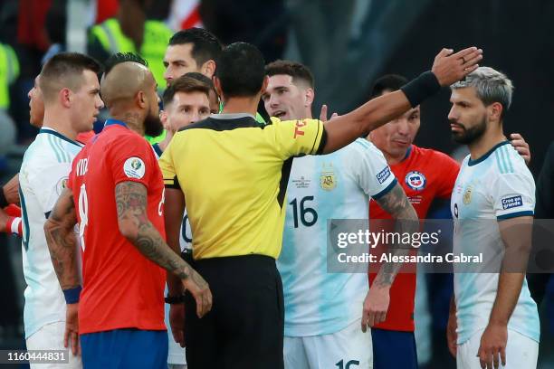 Lionel Messi of Argentina argues with Referee Mario Diaz de Vivar after being shown the red card during the Copa America Brazil 2019 Third Place...